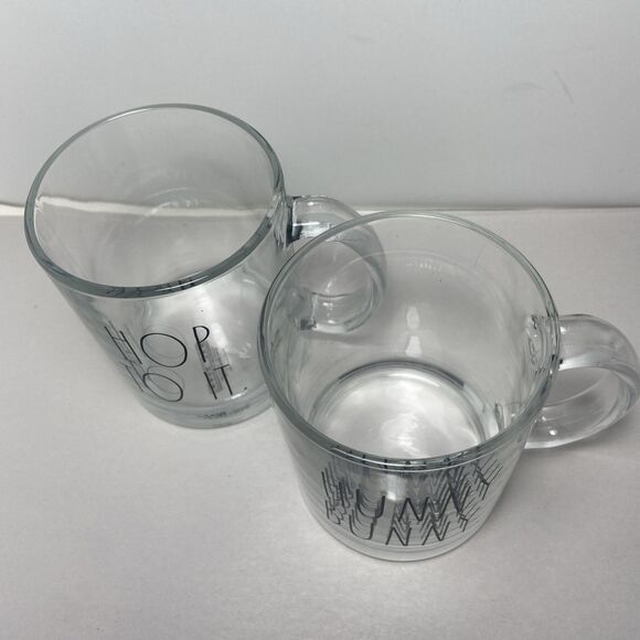 Rae Dunn  18 Oz Glass Mug Hop To It and Hunny Bunny Clear Glass Black Print 2 pc - Picture 2 of 5